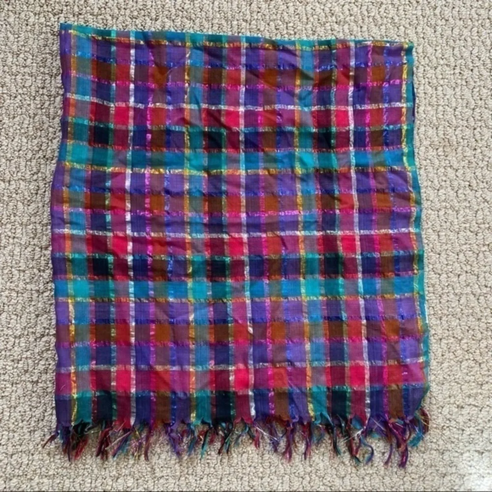 Nordstrom Magenta Pink Red Green Metallic Cotton Plaid Square Scarf Wrap